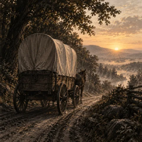 AI illustration: a covered wagon, interpreting the escape described by Caroline Hammond