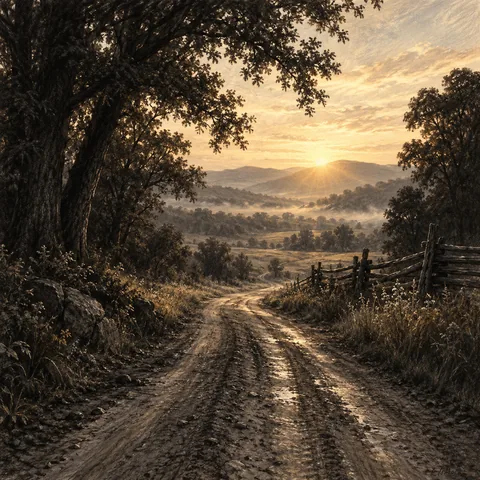 AI illustration: an open rural road, symbolizing Robert Falls claiming freedom